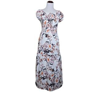 Kindred Anthropologie Floral Smocked Maxi Dress White Orange Boho Tiered Large